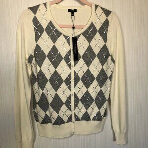 NWT TALBOTS Long Sleeve Eggshell/Gray Argyle Cotton Blend Sweater Size S